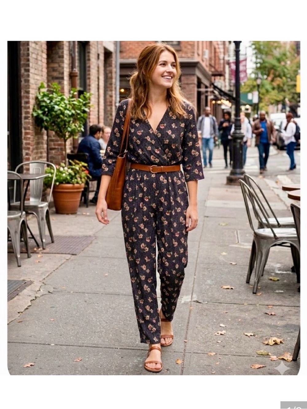 Molly Bracken Black Floral Wrap Jumpsuit with Brown Belt